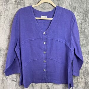 Mosaic Top Womens XL Purple Linen Button Front 3/4 Sleeve Lagenlook Blouse